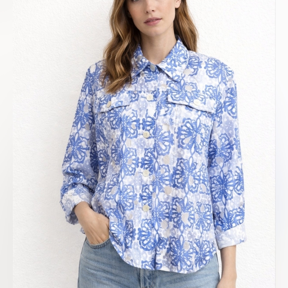 Ruby Rd Favorites Floral Sheer Button-Up Jacket Roll-Tab Sleeve Women’s 16P Blue